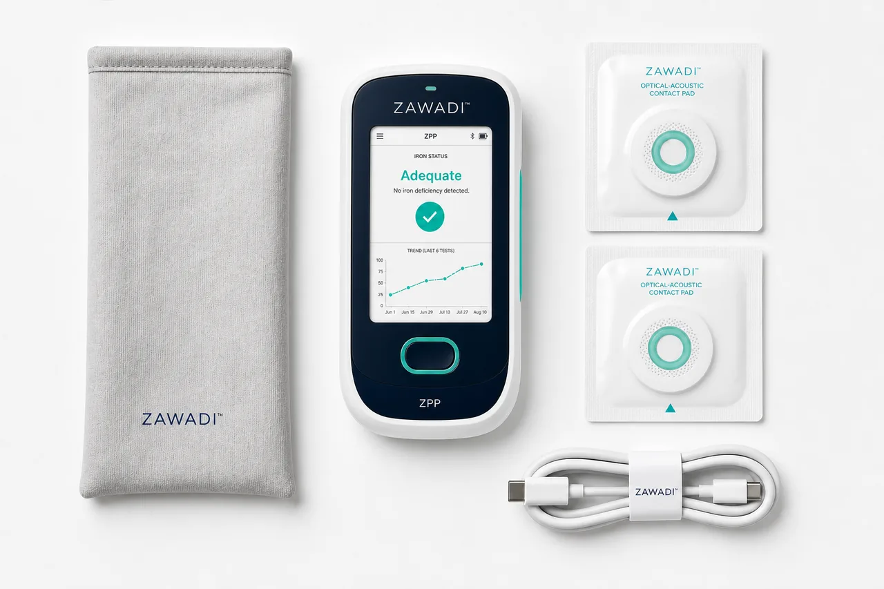 Concept render of ZAWADI clinic kit flatlay.