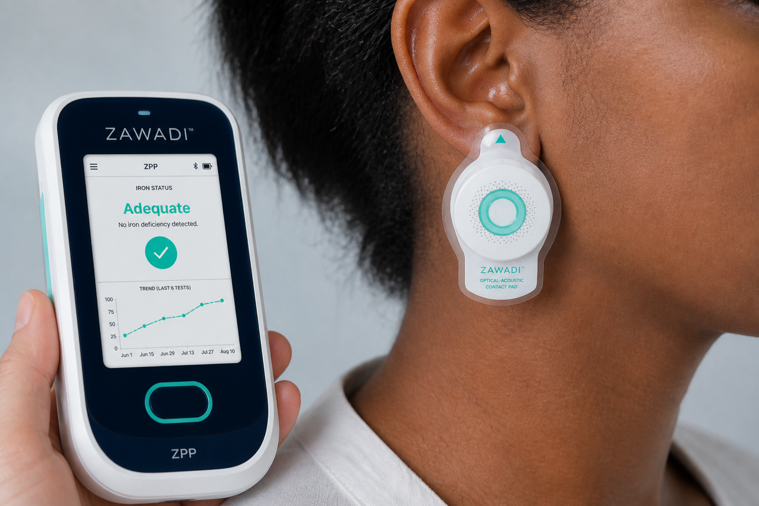 ZAWADI contact pad positioned for a non-invasive measurement.